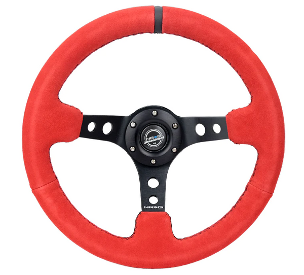 NRG Reinforced Steering Wheel (350mm / 3in. Deep) Red Suede w/Black Stitch