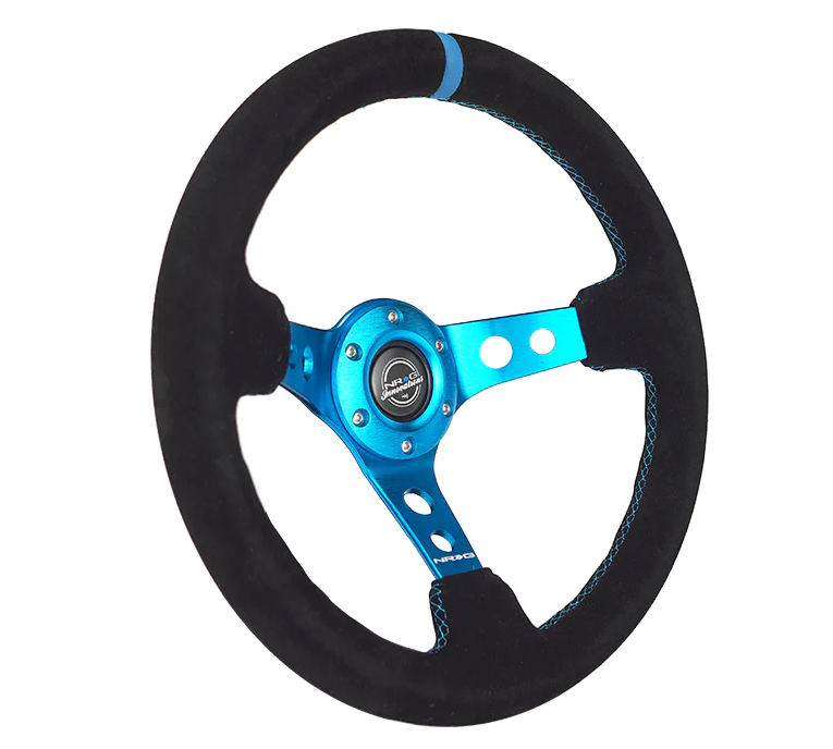 NRG Reinforced Steering Wheel (350mm) 3in Deep Blue Spoke W/ Holes - Black Suede Blue Stripe/Stitch