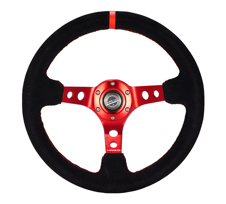 NRG Reinforced Steering Wheel (350mm / 3in. Deep) Blk Leather w/Red Circle Cutout Spokes main image 0