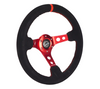 NRG Reinforced Steering Wheel (350mm / 3in. Deep) Blk Leather/Red Stitch w/Red Spoke