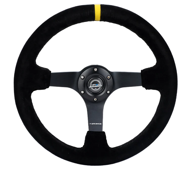 NRG Reinforced Steering Wheel (350mm / 3in. Deep) Blk Suede w/Red BBall Stitch & Chrome Gold 3-Spoke