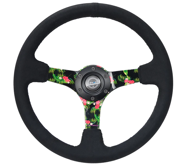 NRG Reinforced Steering Wheel (350mm / 3in. Deep) Black Suede w/Purple Center & Purple Stitching
