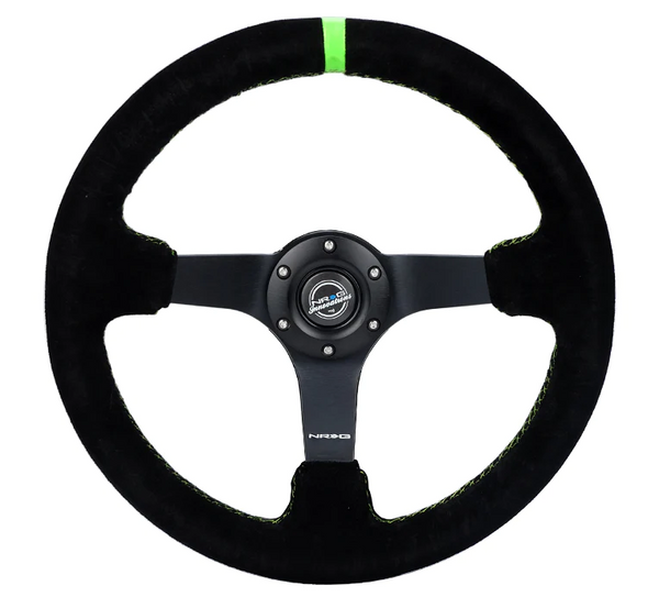 NRG Reinforced Steering Wheel 350mm/3in. Deep Blk Suede/ Neon Green Stitch w/5mm Matte Black Spoke