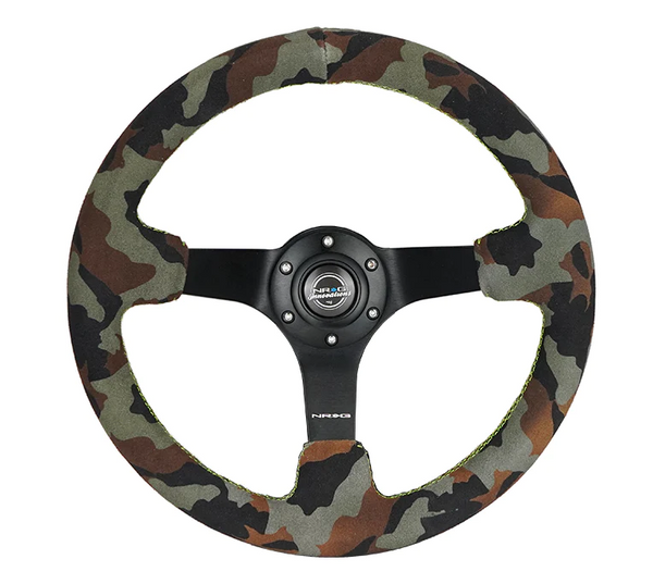 NRG Reinforced Steering Wheel (350mm / 3in. Deep) Camo/Green Stitch w/5mm Matte Black Spokes