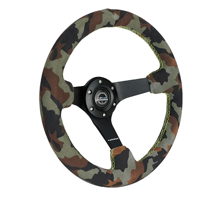 NRG Reinforced Steering Wheel (350mm / 3in. Deep) Camo/Green Stitch w/5mm Matte Black Spokes