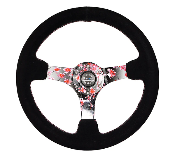 NRG Reinforced Steering Wheel (350mm) 3in Deep Pink Sakura Floral Solid Spoke - Black Suede/Stitch