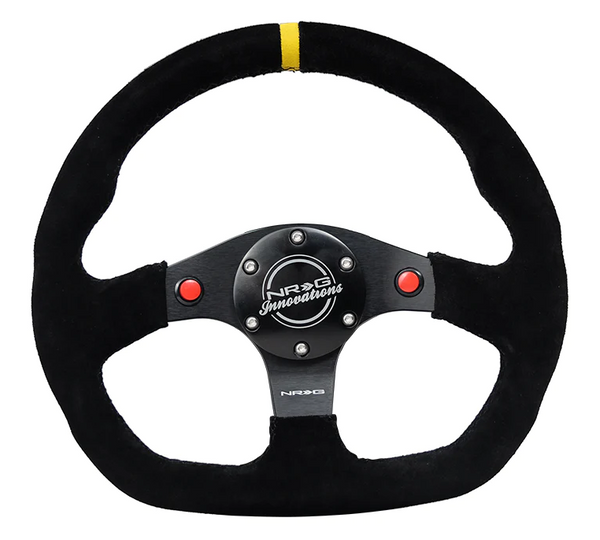 NRG Reinforced Steering Wheel (320mm) Sport Suede Dual Push Buttons Flat Bottom w/ Yellow Center