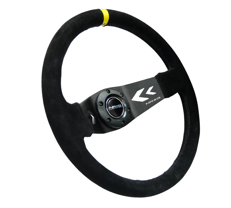 NRG Reinforced Steering Wheel (350mm / 3in. Deep) Blk Suede w/NRG Arrow Cut 2-Spoke & Yellow Mark