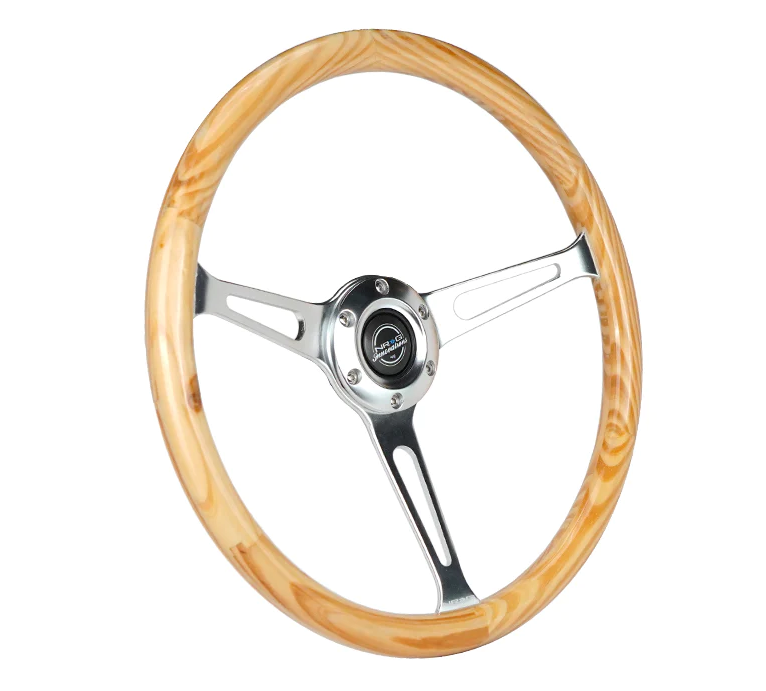 NRG Reinforced Steering Wheel (380mm) Light Wood Grain w/3-Spoke Center Shinny Chrome